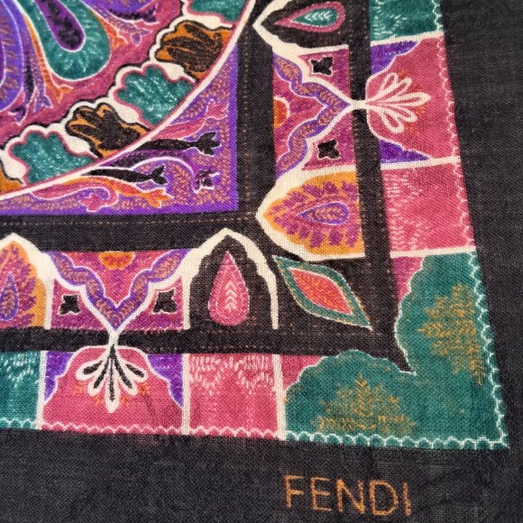 FENDI Luxurious Rare VTG Logo Wool Shawl India Pattern Scarf Large Square 53in - Picture 9 of 11
